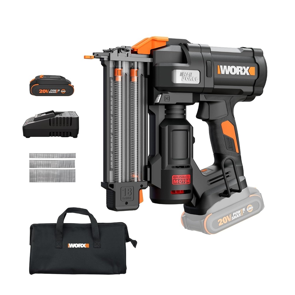 image:imageWORX Cordless Brad Nailer 20V 18GA Nail Gun WX842L  Up to 2in Nails and ToolFree Jam Release for Trimming Molding and Baseboards Battery and Charger Included PowerShareWX838L1