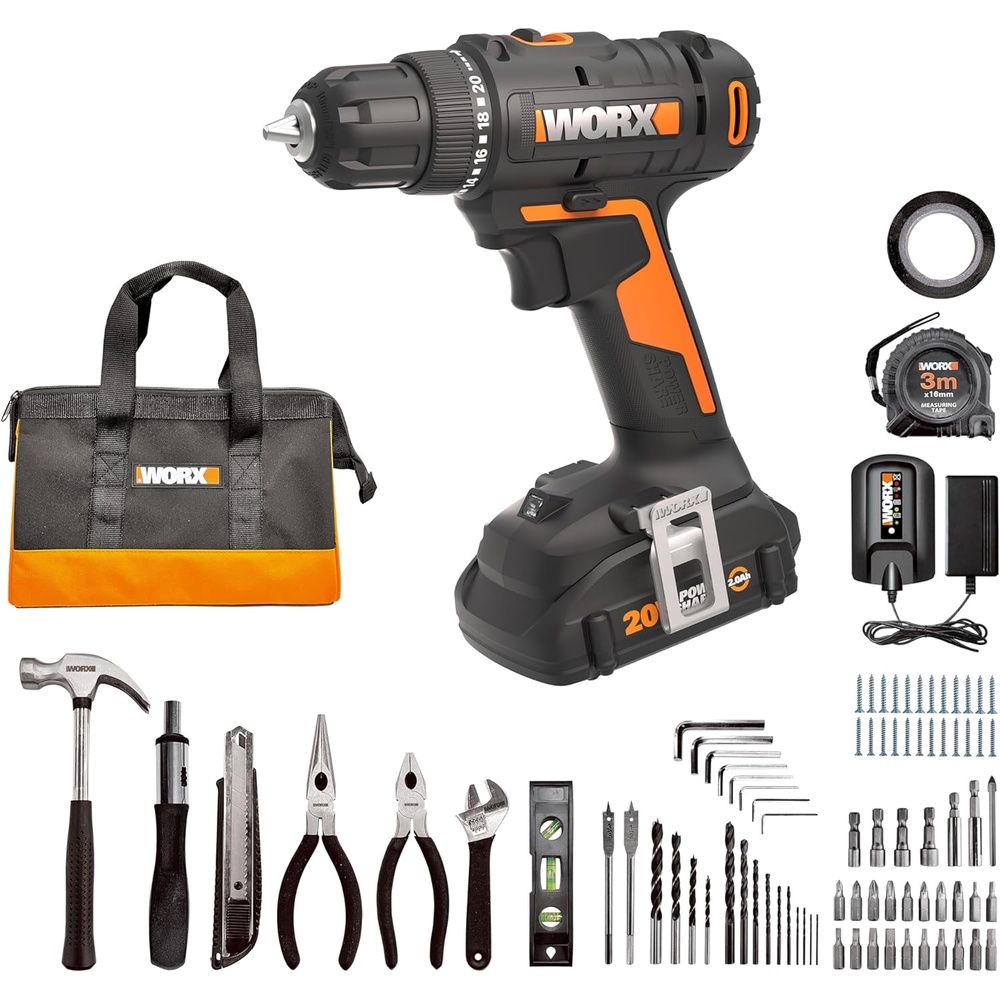 image:imageWORX Cordless Drill Driver 20V 38Inch 84Piece Kit WX100L2  Variable 2Speed 265 inlb Torque 201 Clutch Lightweight and Compact Battery amp Charger Included38 Cordless Drill  Driver Battery  Charger  84pc Accessory Kit Included
