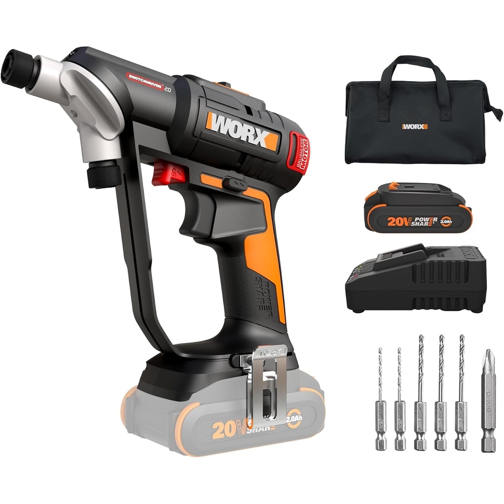 image:imageWORX WX177L2 Cordless Drill Driver 20V 445 inlb Brushless Power Drill Driver Powerful Drilling and Driving 2in1 Design 85 Bits Battery and Charger Included PowerShare20V SwitchDriver Drill 20Battery  Charger Included