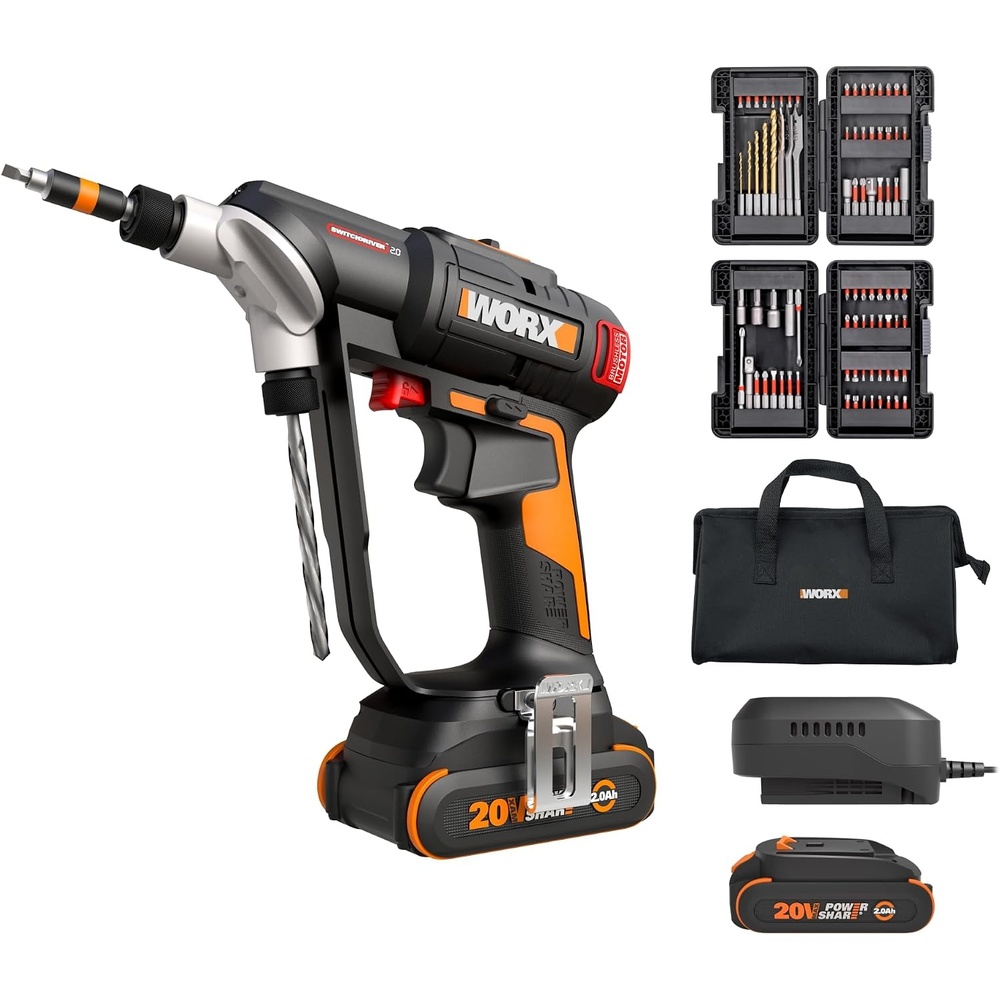image:imageWORX WX177L2 Cordless Drill Driver 20V 445 inlb Brushless Power Drill Driver Powerful Drilling and Driving 2in1 Design 85 Bits Battery and Charger Included PowerShare20V SwitchDriver Drill 20Battery  Charger  Accessory Included