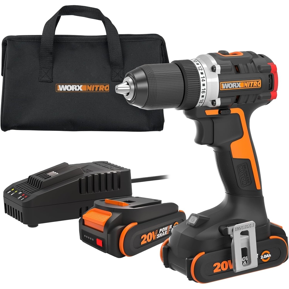 image:imageWorx Nitro 20V Cordless 12 Drill Driver With Brushless Motor  Compact amp Lightweight Set Only 6 and 3 lbs  Power Share Compatible WX130L  Batteries amp Charger Included Black20V 12 Brushless DrillDriver