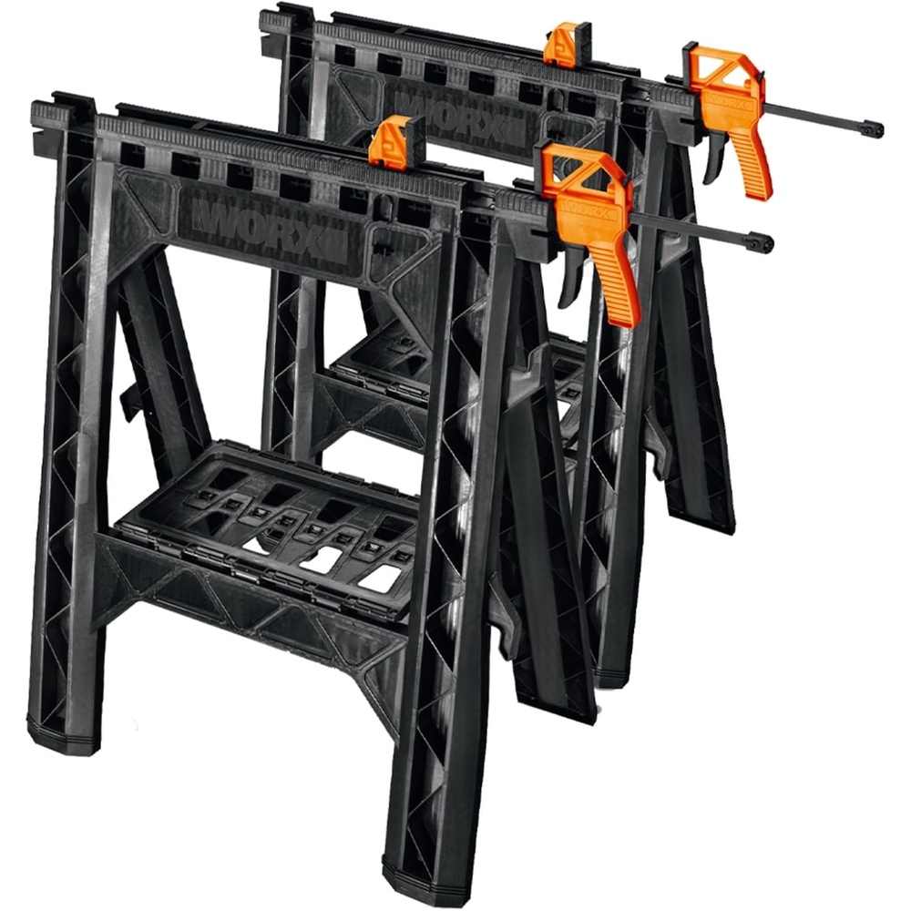 image:imageWorx WX0653 Clamping Sawhorses with Bar Clamps and 7 Inch Metal Triangle RulerClamping Sawhorse Pair