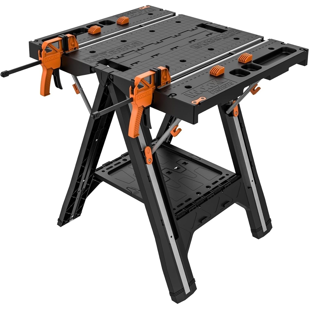 image:imageWorx WX0653 Clamping Sawhorses with Bar Clamps and 7 Inch Metal Triangle RulerPortable Workbench  Sawhorse