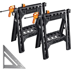 Worx WX065.3 Clamping Sawhorses with Bar Clamps and 7 Inch Metal Triangle Ruler(Clamping Sawhorses + Triangle Ruler)