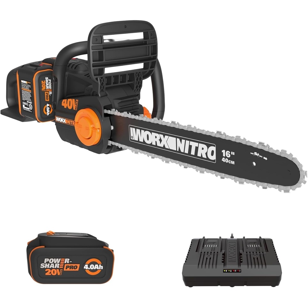 image:imageWORX Cordless Chainsaw 40V 16 2 Batteries amp 4A Charger WG385  brushless motor cuts 12 pcs in 30s at 59 fts 28 capacity 220V 40Ah amp 4A dual charger PowerShareChainsaw