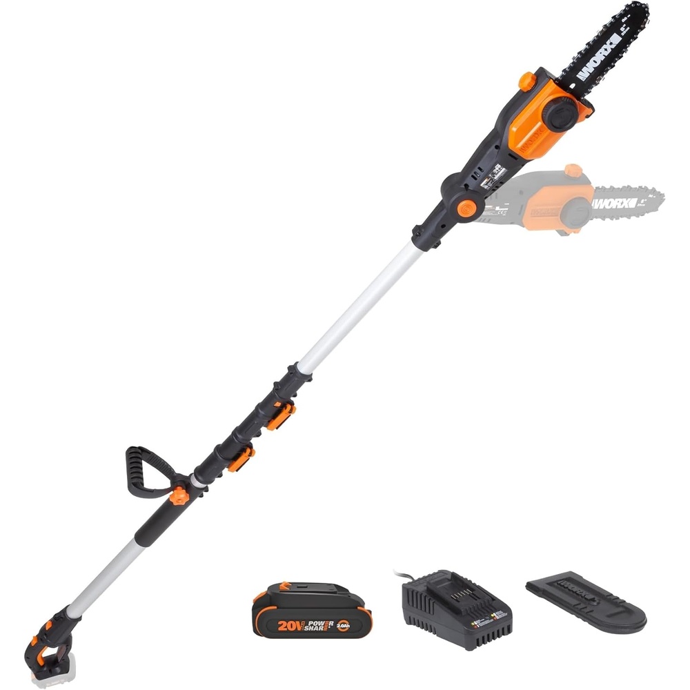 image:imageWORX Cordless Pole Saw 20V 8 Chainsaw WG349  up to 133 ft total reach weighs 8 lbs 3 cutting angles toolfree telescoping pole batteryampcharger included PowerShare20 Ah battery and charger included