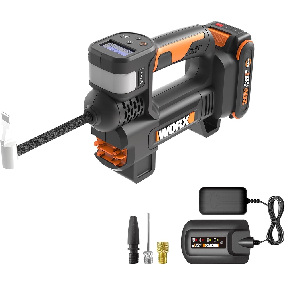 image:imageWORX Cordless Tire Inflator 20V Air Compressor WX092L  Digital Pressure Gauge Auto ShutOff Battery amp Charger Included For Car Tires Motorcycle amp Balls Bike Pump3Accessory Air Pump wBattery  04 Ah Charger