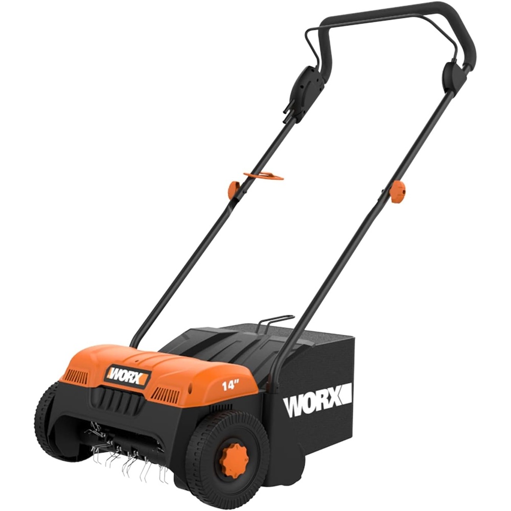 image:imageWORX Lawn Dethatcher 12 Amp Corded Electric Scarifier WG850  3 Depth Adjustments 14Inch Cutting Width Collection Bag Included PowerShareElectric Dethatcher