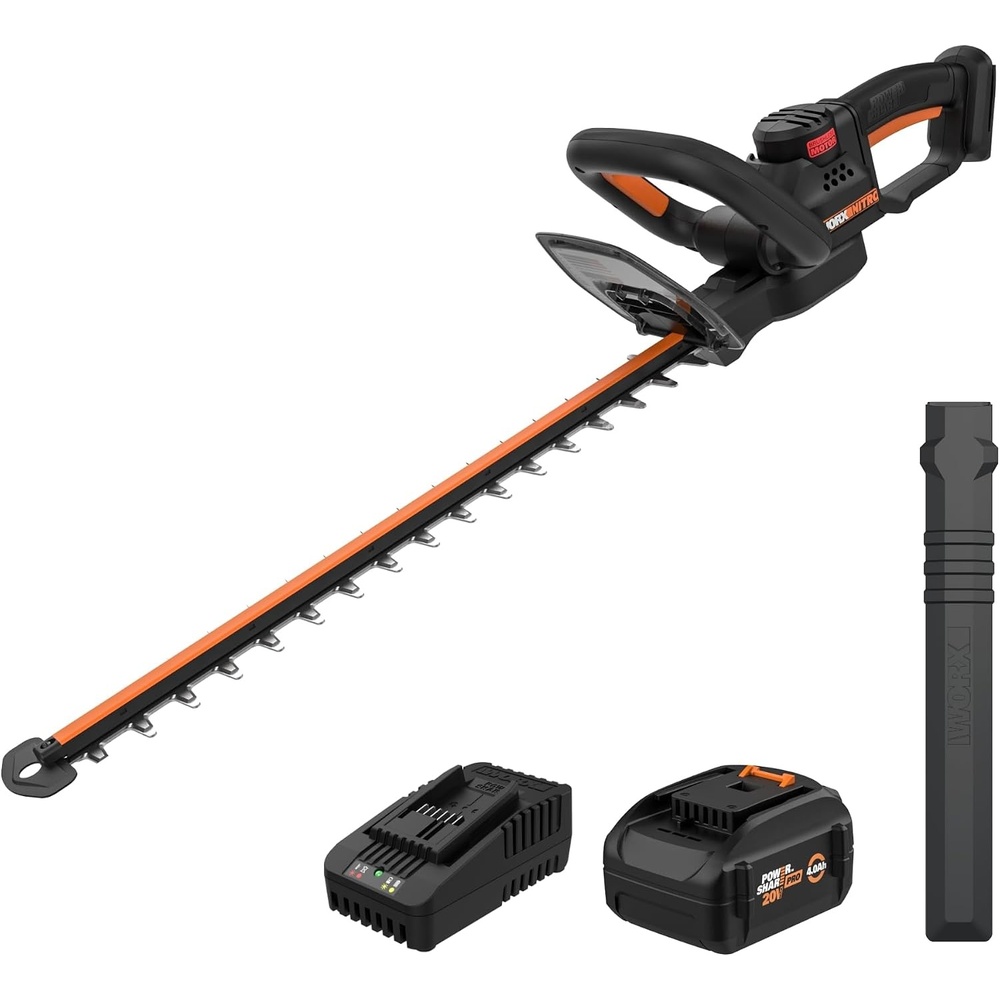 image:imageWORX Nitro 22 Cordless Hedge Trimmer Electric Hedge Trimmer with DualAction Blades amp 3400 SPM Brushless Bush Trimmer Cuts Branches 1 Thick 40 Ah Battery amp Charger Included WG26322 20V Hedge Trimmer w140Ah Battery