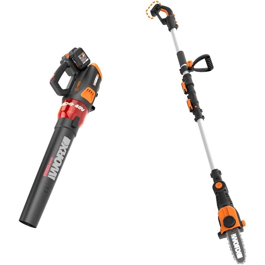 image:imageWORX WG584 40V Power Share Turbine Cordless Leaf Blower with Brushless Motor 2x20V Batteries with Pole Saw Bare Tool Only Black and Orange