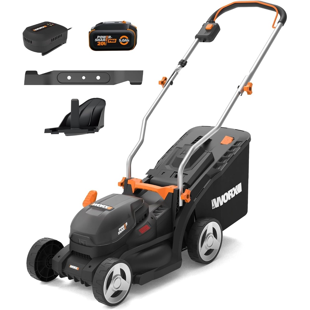 image:imageWorx Cordless Lawn Mower 40V 17 2in1 Grass Mower for 14 Acre WG745  Brushless Power Mulching amp Bagging 2 x 40Ah Batteries amp 40Ah Charger Included PowerShare14 20V Mower w1 50 Ah Battery