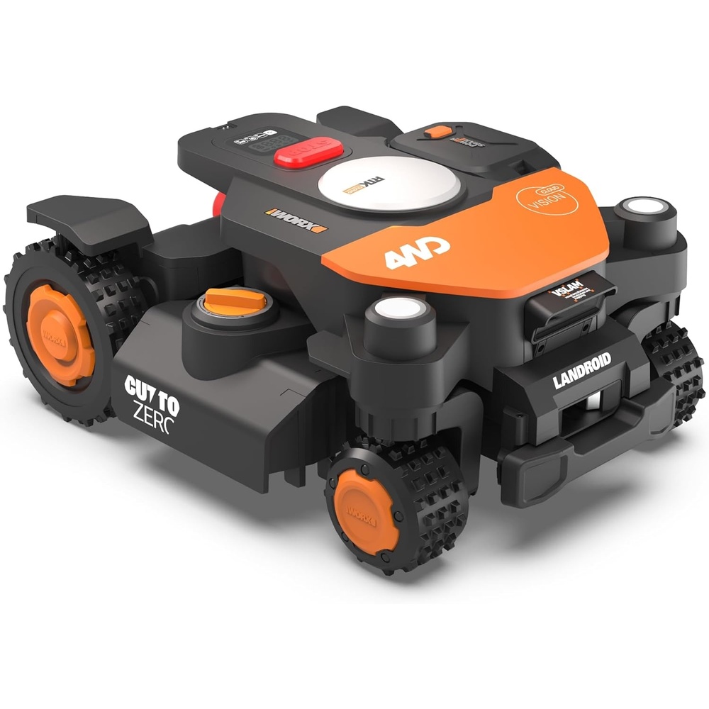 image:imageWORX Robot Lawn Mower 4WD for 12 Acre No Perimeter Wire WR342  Landroid Vision Cloud with AI Obstacle Avoidance RTK Cloud Navigation Auto Mapping App Control 84 Slope CuttoZeroAllWheel Drive
